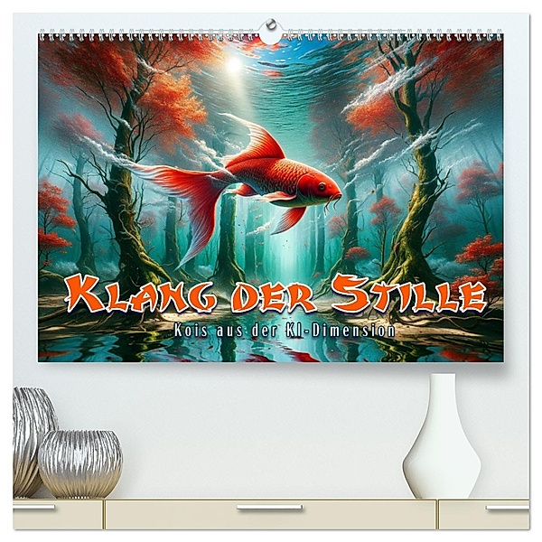 Klang der Stille - Kois aus der KI Dimension (hochwertiger Premium Wandkalender 2025 DIN A2 quer), Kunstdruck in Hochglanz, Calvendo, artefacti