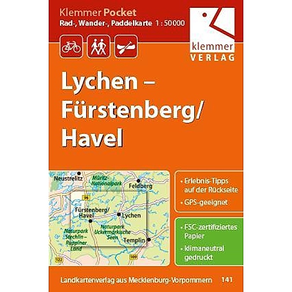 Klemmer Pocket Rad-, Wander- und Paddelkarte Lychen - Fürstenberg/Havel 1 : 50 000