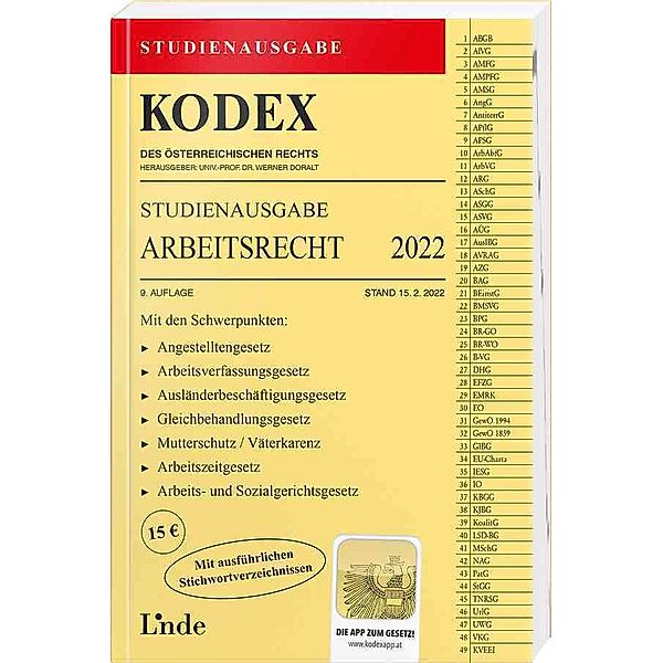 Kodex Studienausgabe / KODEX Studienausgabe Arbeitsrecht 2022, Gerda Ercher-Lederer, Edda Stech