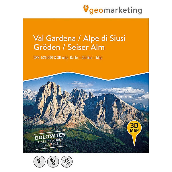 Kombinierte Sommer-Wanderkarten Südtirol. Topografische Karte + 3D-Panoramakarte / 3D-Wanderkarte Gröden / Seiser Alm