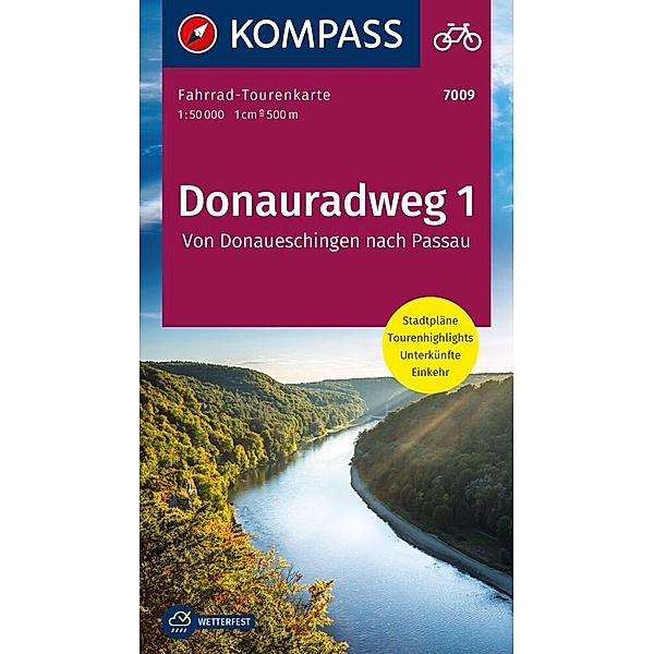KOMPASS Fahrrad-Tourenkarte Donauradweg 1, von Donaueschingen nach Passau 1:50.000
