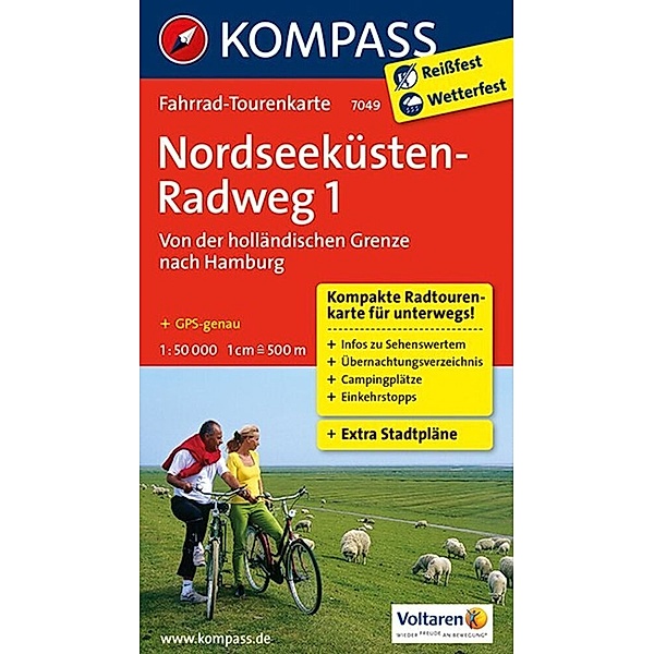 KOMPASS Fahrrad-Tourenkarte Nordseeküstenradweg 1, von der holländischen Grenze nach Hamburg, 1:50.000.Tl.1