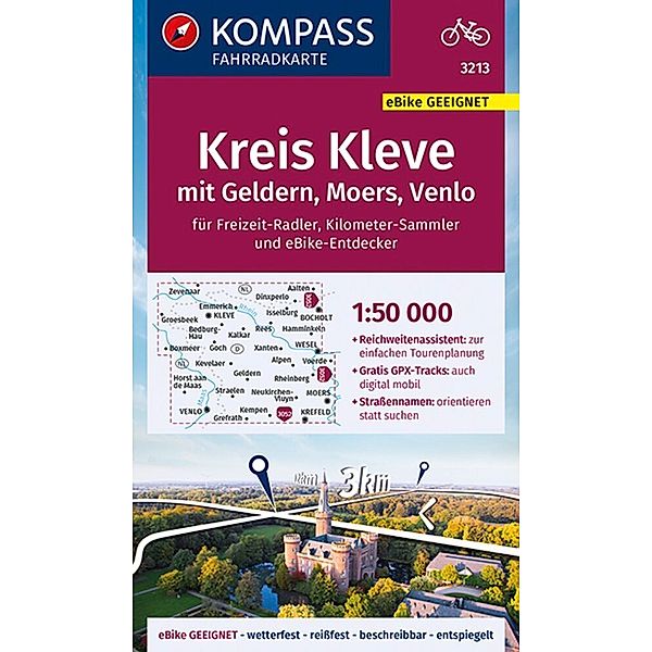 KOMPASS Fahrradkarte 3213 Kreis Kleve mit Geldern, Moers, Venlo mit Knotenpunkten 1:50.000