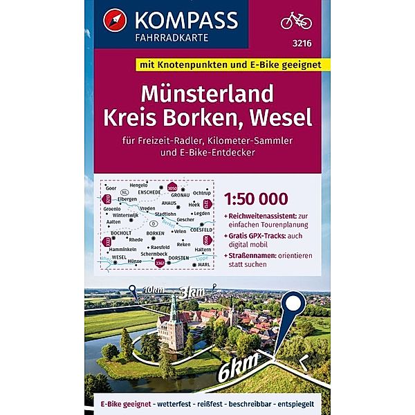 KOMPASS Fahrradkarte 3216 Münsterland, Kreis Borken, Wesel mit Knotenpunkten 1:50.000