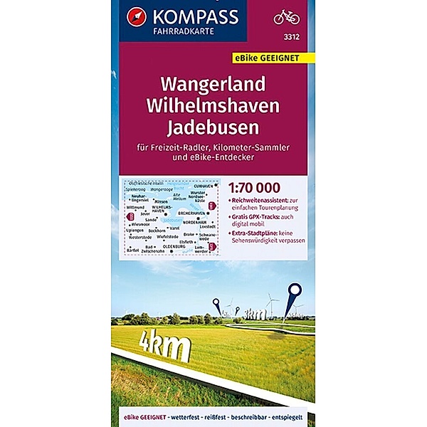 KOMPASS Fahrradkarte 3312 Wangerland, Wilhelmshaven, Jadebusen mit Knotenpunkten 1:70.000