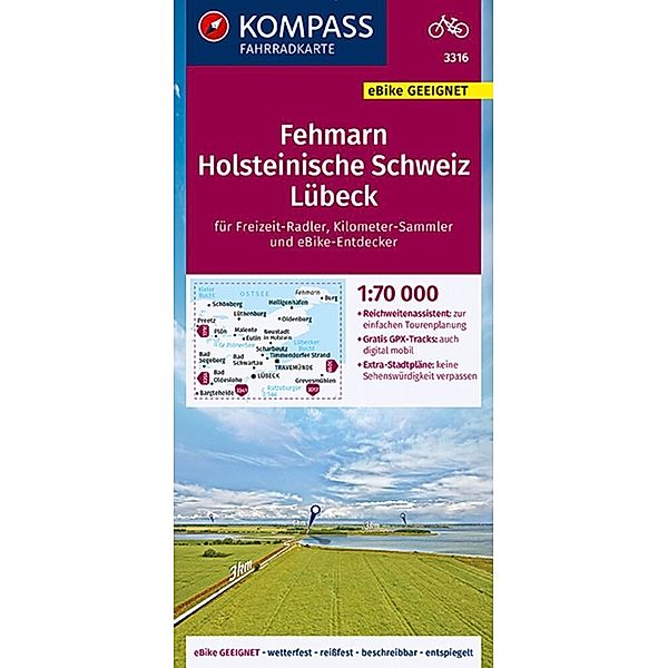 KOMPASS Fahrradkarte 3316 Fehmarn, Holsteinische Schweiz, Lübeck 1:70.000