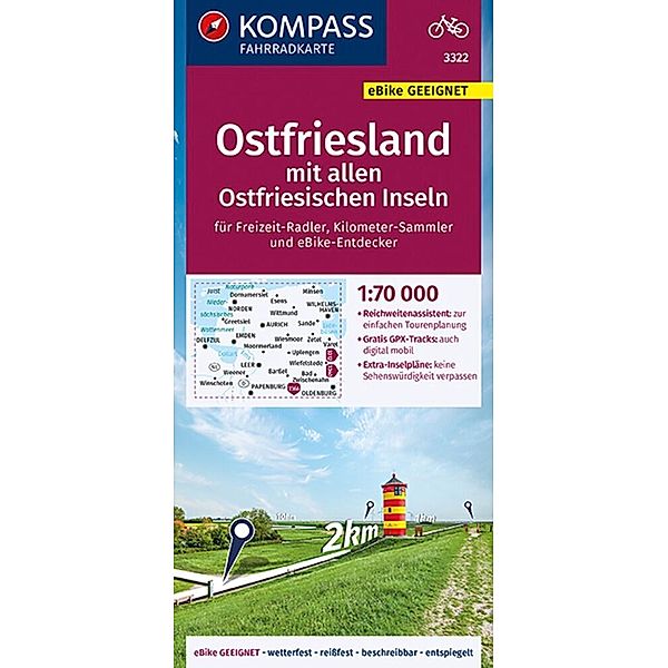 KOMPASS Fahrradkarte 3322 Ostfriesland mit allen Ostfriesischen Inseln mit Knotenpunkten 1:70.000