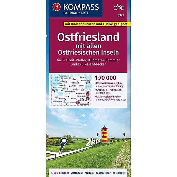 KOMPASS Fahrradkarte 3322 Ostfriesland mit allen Ostfriesischen Inseln mit Knotenpunkten 1:70.000