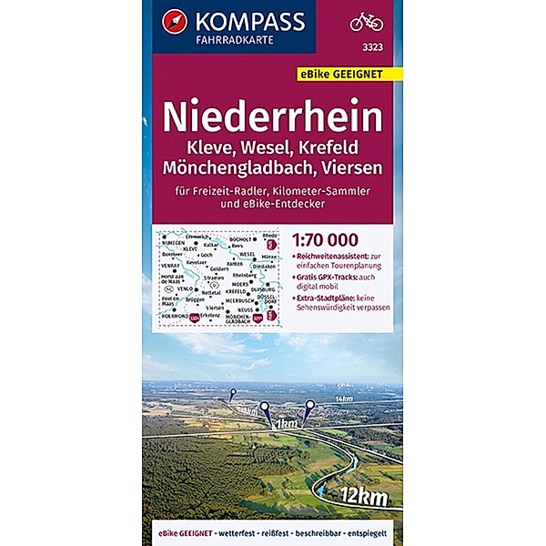 KOMPASS Fahrradkarte 3323 Niederrhein, Kleve, Wesel, Krefeld, Mönchengladbach, Viersen 1:70.000