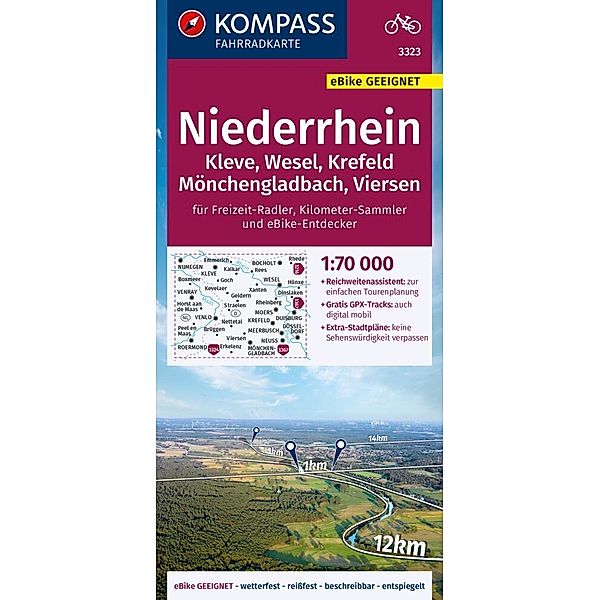 KOMPASS Fahrradkarte 3323 Niederrhein, Kleve, Wesel, Krefeld, Mönchengladbach, Viersen mit Knotenpunkten 1:70.000