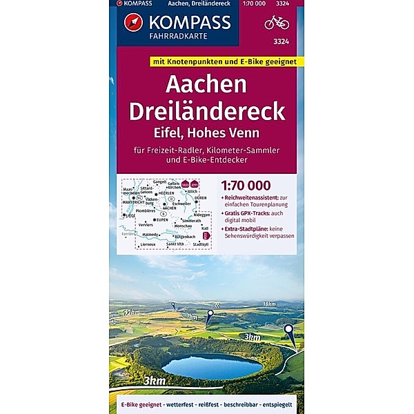 KOMPASS Fahrradkarte 3324 Aachen, Dreiländereck, Eifel, Hohes Venn mit Knotenpunkten 1:70.000