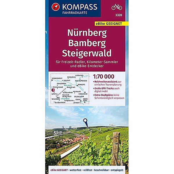 KOMPASS Fahrradkarte 3328 Nürnberg, Bamberg, Steigerwald 1:70.000 / Kompass Fahrradkarte Bd.3328