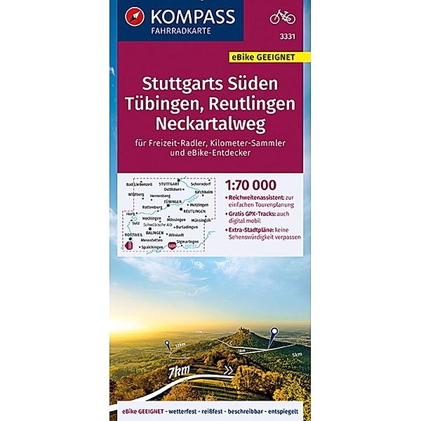KOMPASS Fahrradkarte 3331 Stuttgarts Süden, Tübingen, Reutlingen, Neckartalweg 1:70.000