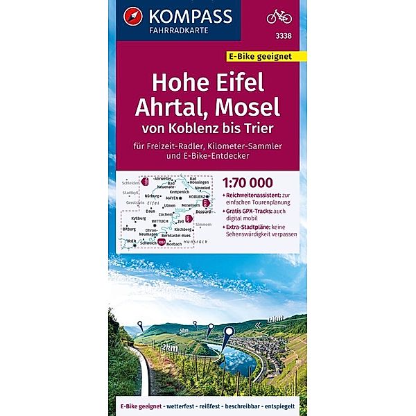 KOMPASS Fahrradkarte 3338 Hohe Eifel, Ahrtal, Mosel, von Koblenz bis Trier 1:70.000