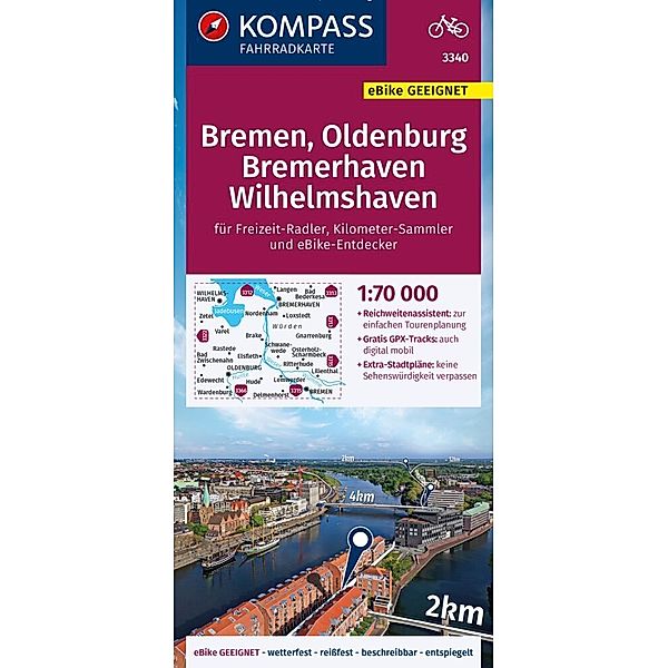 KOMPASS Fahrradkarte 3340 Bremen, Oldenburg, Bremerhaven, Wilhelmshaven 1:70.000