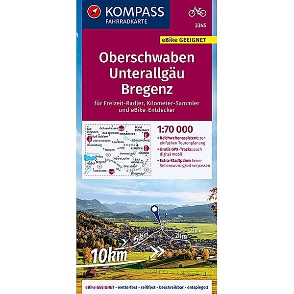 KOMPASS Fahrradkarte 3345 Oberschwaben, Unterallgäu, Bregenz 1:70.000