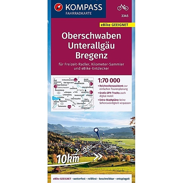 KOMPASS Fahrradkarte 3345 Oberschwaben, Unterallgäu, Bregenz 1:70.000