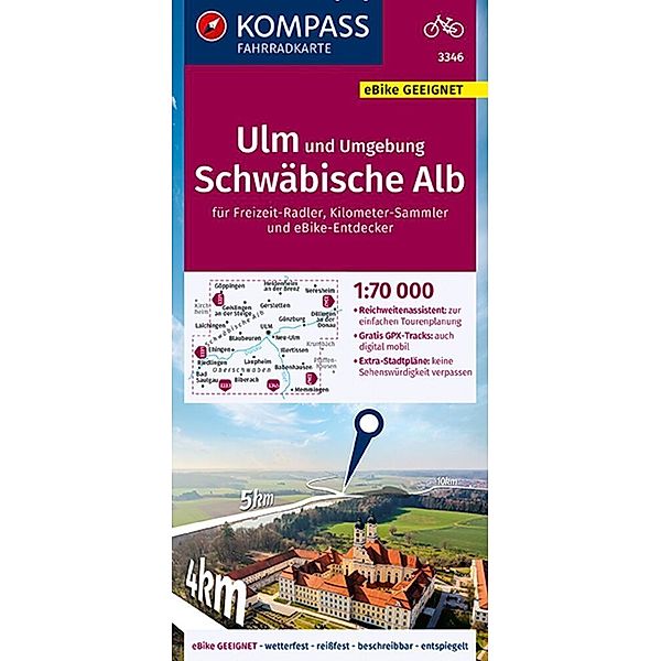 KOMPASS Fahrradkarte 3346 Ulm und Umgebung, Schwäbische Alb 1:70.000