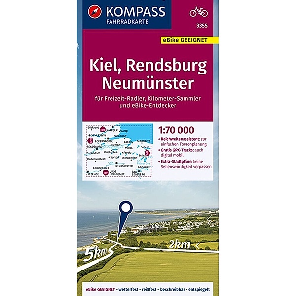 KOMPASS Fahrradkarte 3355 Kiel, Rendsburg, Neumünster 1:70.000