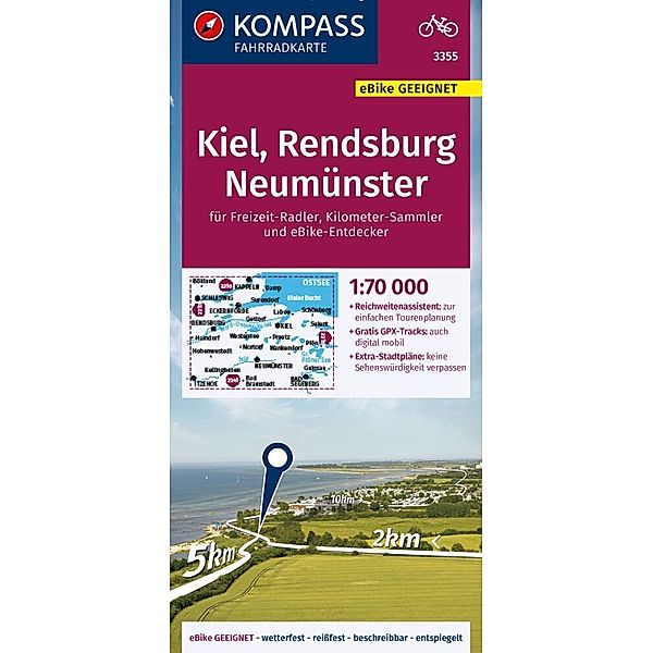 KOMPASS Fahrradkarte 3355 Kiel, Rendsburg, Neumünster 1:70.000