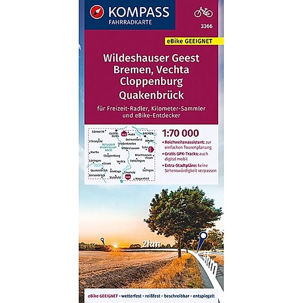 KOMPASS Fahrradkarte 3366 Wildeshauser Geest Bremen Vechta Cloppenburg Quakenbrück mit Knotenpunkten 1:70.000