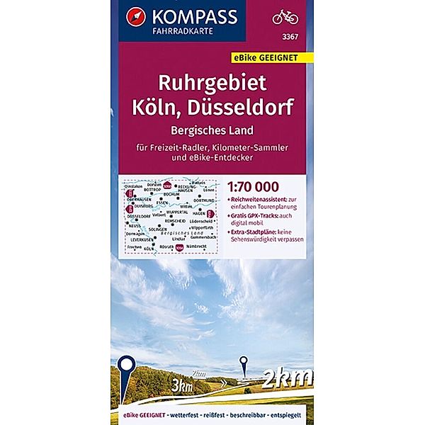 KOMPASS Fahrradkarte 3367 Ruhrgebiet, Köln, Düsseldorf, Bergisches Land 1:70.000
