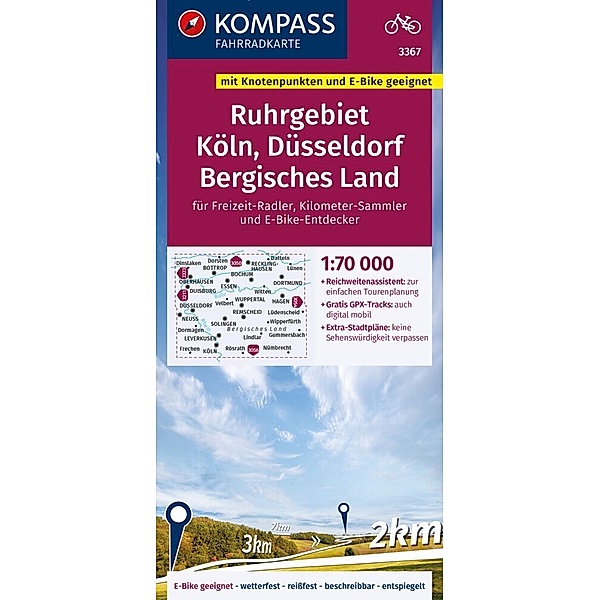 KOMPASS Fahrradkarte 3367 Ruhrgebiet, Köln, Düsseldorf, Bergisches Land mit Knotenpunkten 1:70.000