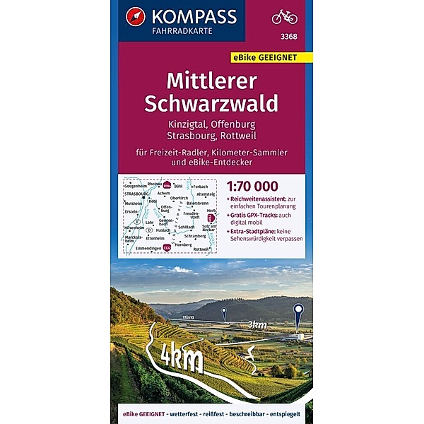 KOMPASS Fahrradkarte 3368 Mittlerer Schwarzwald, Kinzigtal, Offenburg, Strasbourg 1:70.000