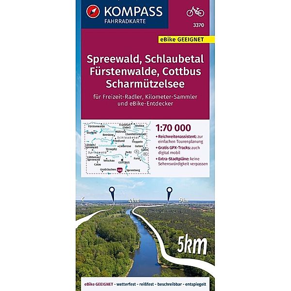 KOMPASS Fahrradkarte 3370 Spreewald, Schlaubetal, Fürstenwalde, Cottbus, Scharmützelsee mit Knotenpunkten 1:70.000