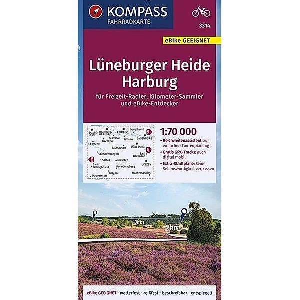 KOMPASS Fahrradkarte Lüneburger Heide, Harburg 1:70.000