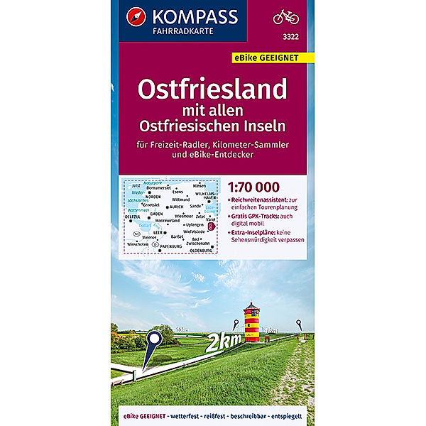 KOMPASS Fahrradkarte Ostfriesland mit allen Ostfriesischen Inseln 1:70.000, FK 3322