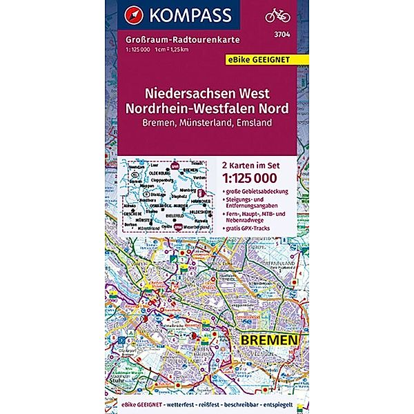 KOMPASS Großraum-Radtourenkarte 3704 Niedersachsen West, Nordrhein-Westfalen Nord 1:125.000