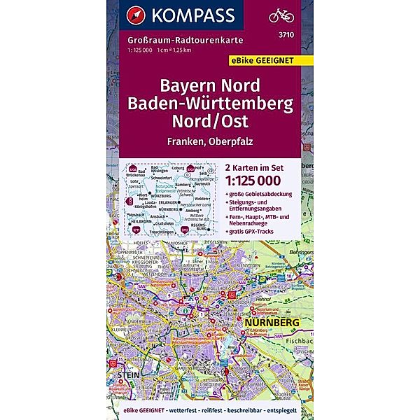 KOMPASS Grossraum-Radtourenkarte 3710 Bayern Nord, Baden-Württemberg Nord/Ost 1:125.000