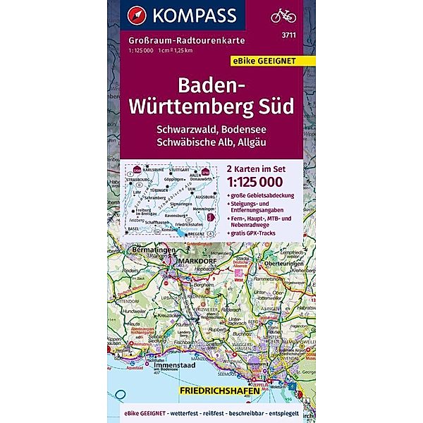 KOMPASS Grossraum-Radtourenkarte 3711 Baden-Württemberg Süd, Schwarzwald, Bodensee, Schwäbische Alb, Allgäu 1:125.000