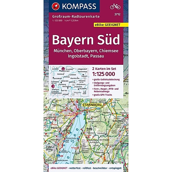 KOMPASS Grossraum-Radtourenkarte 3712 Bayern Süd, Oberbayern, Chiemsee, Ingolstadt, Passau, München 1:125.000