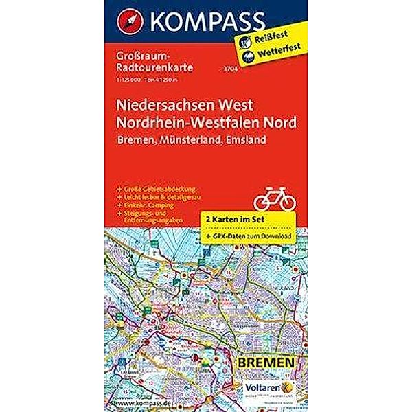 Kompass Grossraum-Radtourenkarte Niedersachsen West, Nordrhein-Westfalen Nord, 2 Bl.