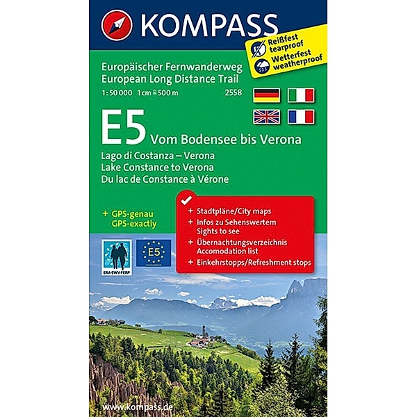 KOMPASS Wander-Tourenkarte Europäischer Fernwanderweg E5 Vom Bodensee bis Verona 1:50.000. E5, Lago di Costanza - Verona / E5, Lake Constance to Verona / E5, Du lac de Constance à Vérone