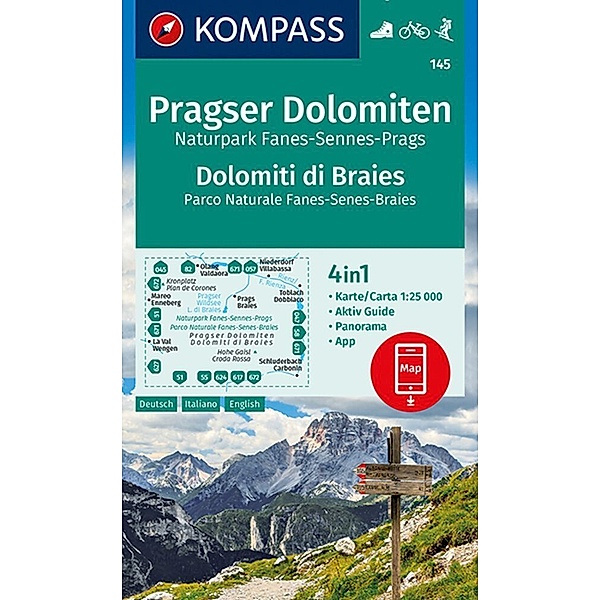 KOMPASS Wanderkarte 145 Pragser Dolomiten, Naturpark Fanes-Sennes-Prags, Dolomiti di Braies, Parco Naturale Fanes-Senes-Braies