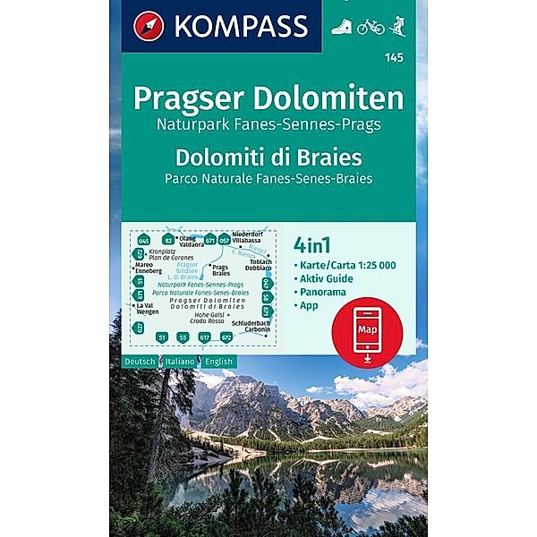 KOMPASS Wanderkarte 145 Pragser Dolomiten, Naturpark Fanes-Sennes-Prags, Dolomiti di Braies, Parco Naturale Fanes-Senes-Braies 1:25.000