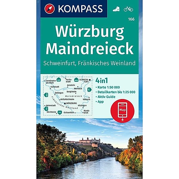 KOMPASS Wanderkarte 166 Würzburg, Maindreieck, Schweinfurt, Fränkisches Weinland 1:50.000