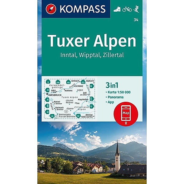 KOMPASS Wanderkarte 34 Tuxer Alpen, Inntal, Wipptal, Zillertal 1:50.000