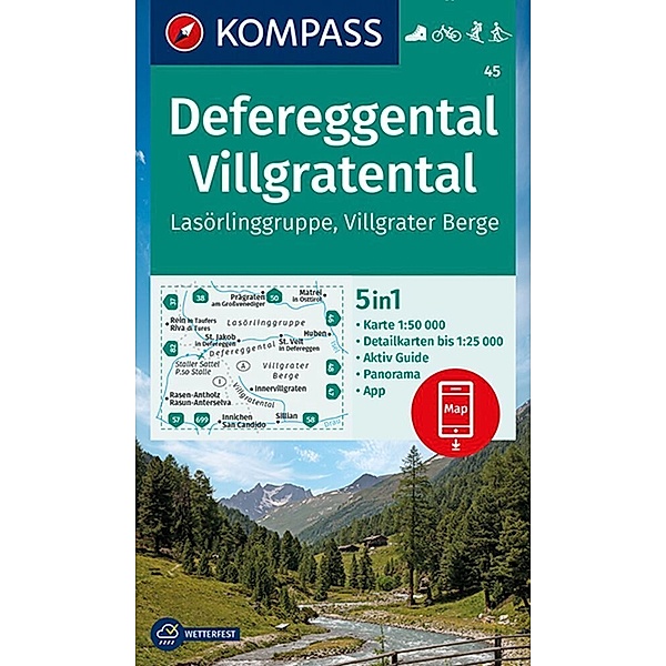 KOMPASS Wanderkarte 45 Defereggental, Villgratental, Lasörlinggruppe, Villgrater Berge