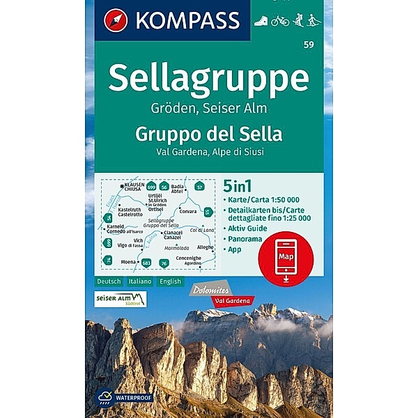 KOMPASS Wanderkarte 59 Sellagruppe, Gröden, Seiseralm / Gruppo del Sella, Val Gardena, Alpe di Siusi 1:50.000