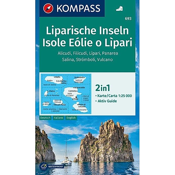 KOMPASS Wanderkarte 693 Liparische Inseln, Isole Eólie o Lìpari, Alicudi, Filicudi, Lìpari, Panarea, Salina, Strómboli, Vulcano 1:25.000