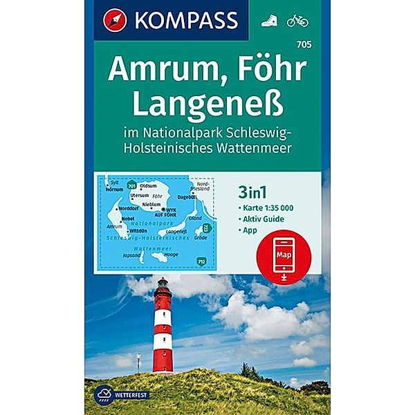 KOMPASS Wanderkarte 705 Amrum, Föhr, Langeness im Nationalpark Schleswig-Holsteinisches Wattenmeer 1:35.000