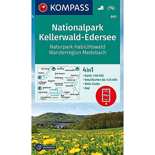 KOMPASS Wanderkarte 845 Nationalpark Kellerwald-Edersee, Naturpark Habichtswald, Wanderregion Medebach 1:50.000