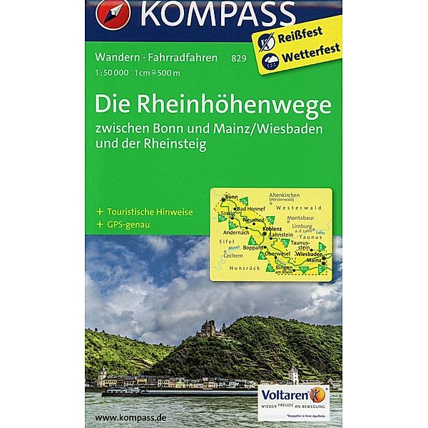KOMPASS Wanderkarte Die Rheinhöhenwege zwischen Bonn und Mainz/Wiesbaden und der Rheinsteig.