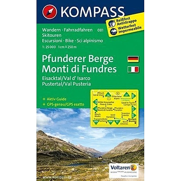 KOMPASS Wanderkarte Pfunderer Berge / Monti di Fundres, Eisacktal / Val d'Isarco, Pustertal / Val Pusteria