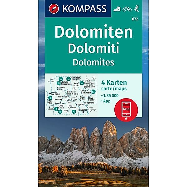 KOMPASS Wanderkarten-Set 672 Dolomiten, Dolomiti, Dolomites (4 Karten) 1:35.000