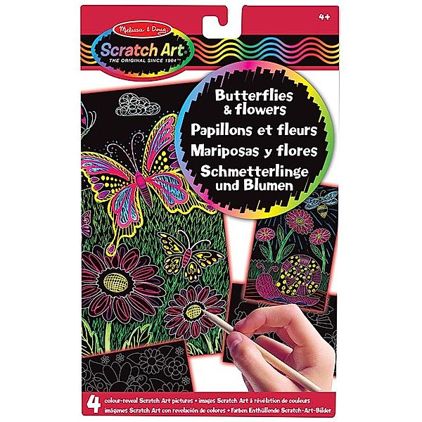 Melissa & Doug Kratzbild Scratch Art® – SCHMETTERLINGE & BLUMEN mit Holzstift